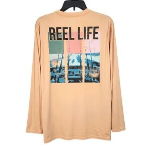 Reel Life Performance Fishing Shirt Mens Large Apricot Wash Distressed Graphic